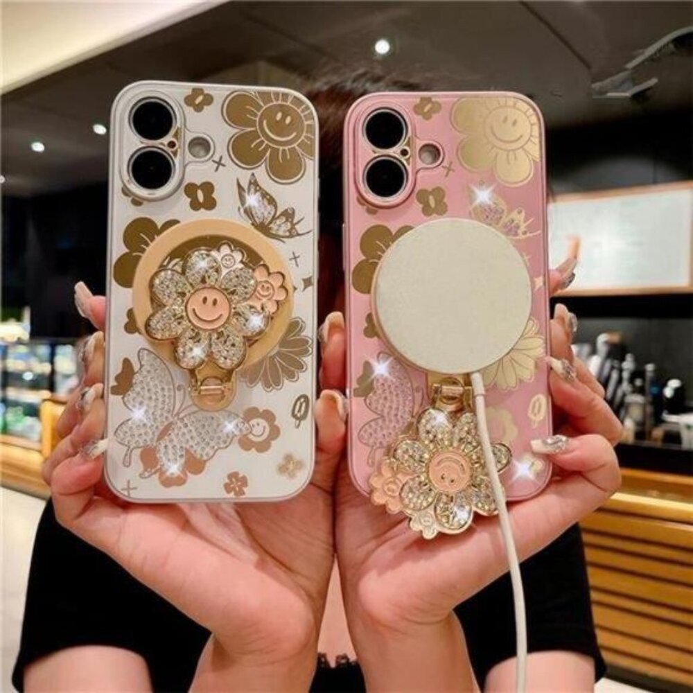 Iphone 16 Plus Pro Max Cute Sunflower Glitter Phone Case Strap Kickstand MagSafe - Picture 6 of 7